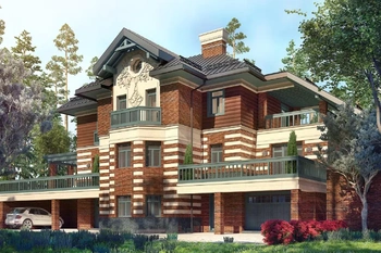 Проект двухэтажного кирпичного дома, площадью 513м2, с мансардой и цокольным этажом с террассой, с балконом, с гаражом